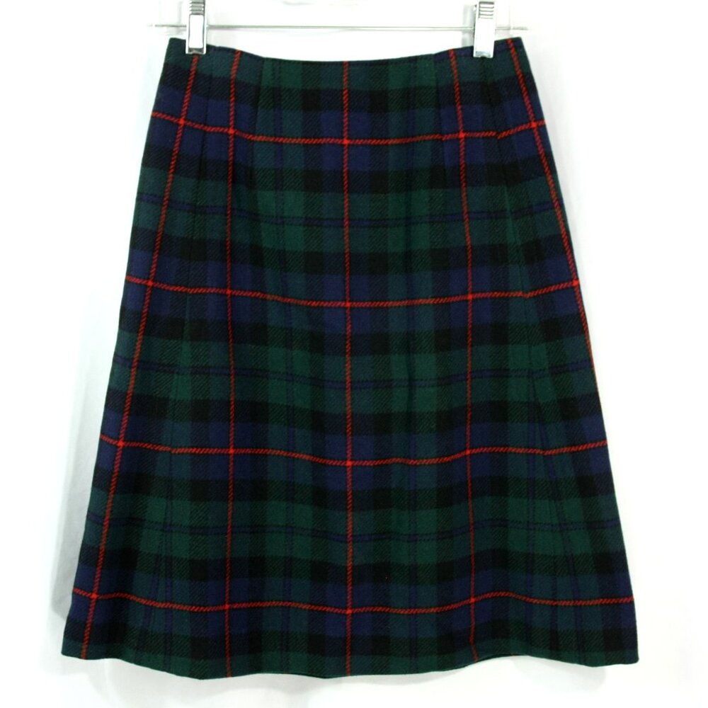Vintage Madison Plaid Tartan Preppy Tab Waist A Line Wool Mini Skirt S 1960s